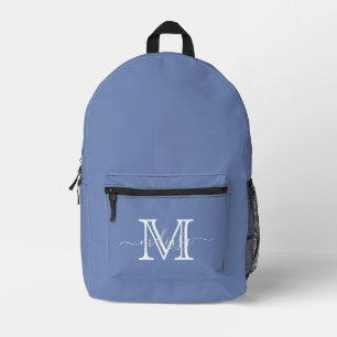 Elegant Blue Minimal Name and Monogram Printed Backpack