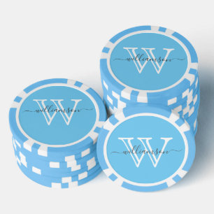 Elegant Blue Minimal Name and Monogrammed Poker Chips
