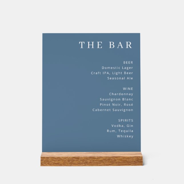 Elegant Blue Minimalist Bar Menu Acrylic Sign (Front)
