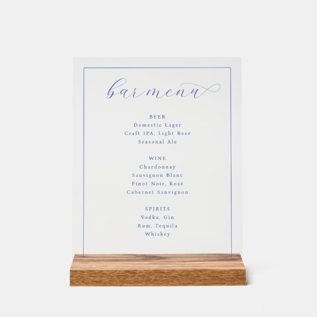 Elegant Blue Minimalist Bar Menu Acrylic Sign (Front)