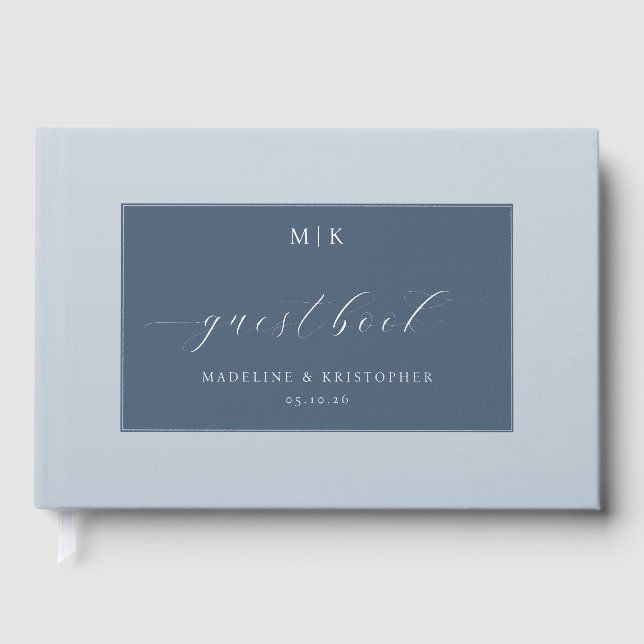 Elegant Blue Minimalist Calligraphy Guest Book (Front)