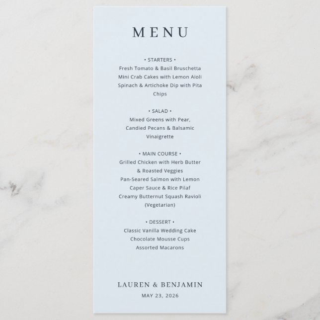 Elegant Blue Minimalist Menu (Front)