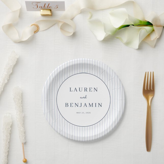 Elegant Blue Minimalist Names Paper Plate (Wedding)