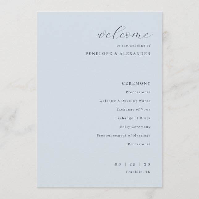 Elegant Blue Minimalist Wedding Ceremony Programme (Front)