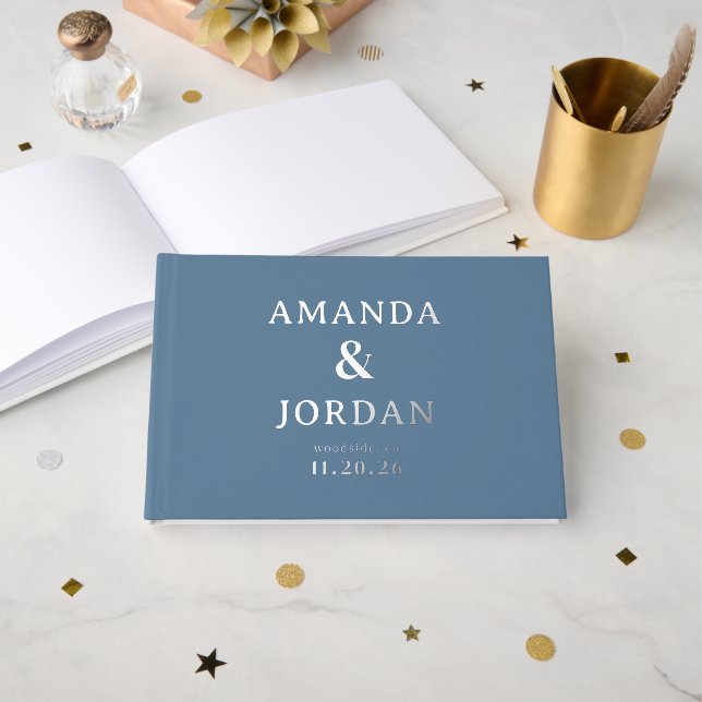Elegant Blue Minimalist Wedding Invitation Guest Book (Front Open)