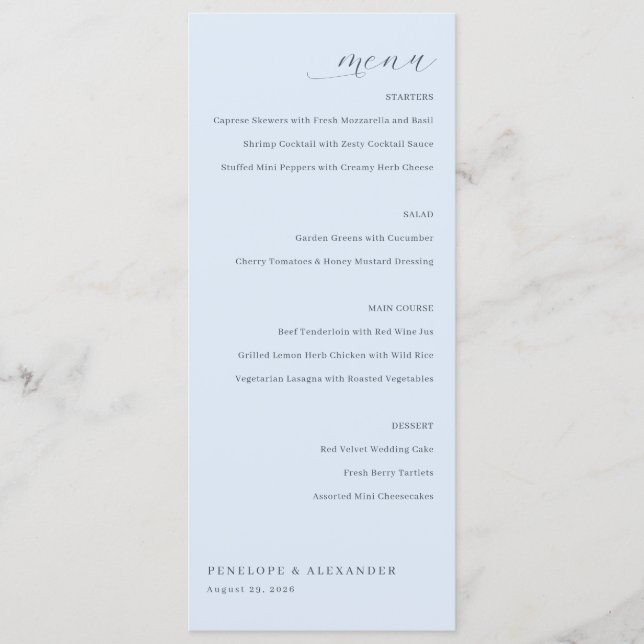 Elegant Blue Minimalist Wedding Menu (Front)