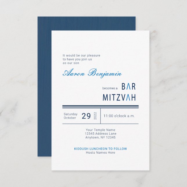 Elegant Blue Modern Bar Mitzvah Invitation (Front/Back)