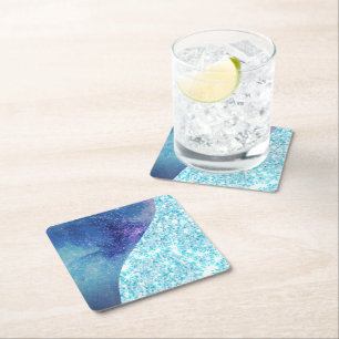 Elegant Blue Modern gradient galaxy glitter star Square Paper Coaster