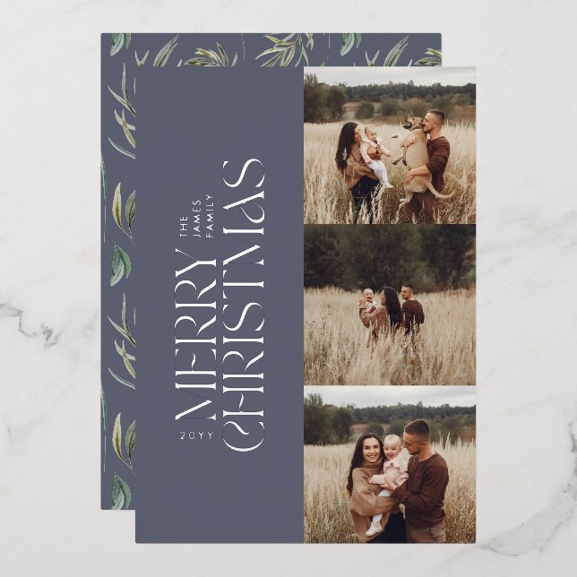 Elegant blue modern minimal multi photo botanical (Front/Back)