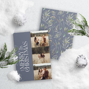 Elegant blue modern minimal multi photo botanical holiday card