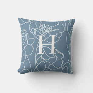 Elegant Blue Modern Wildflower Monogram Name Cushion