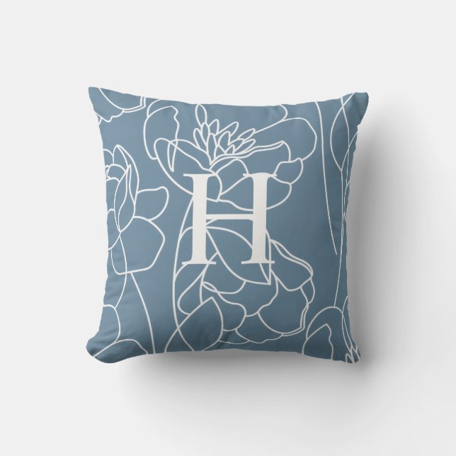 Elegant Blue Modern Wildflower Monogram Name Cushion (Front)