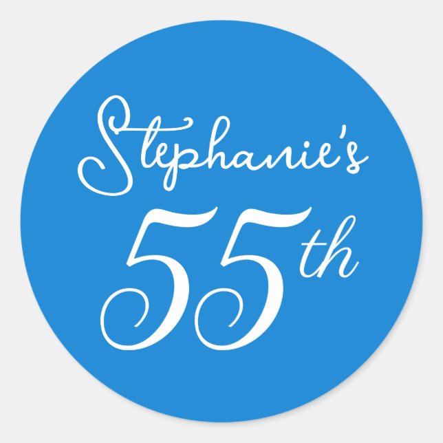 Elegant Blue Monogram 55th Birthday Party Classic Round Sticker (Front)