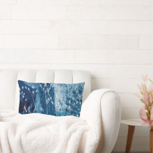 Elegant Blue Monogram Botancial Lumbar Cushion