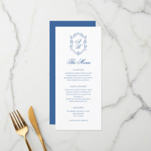 Elegant Blue Monogram Crest Formal Script Wedding Menu
