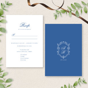 Elegant Blue Monogram Crest Formal Script Wedding RSVP Card