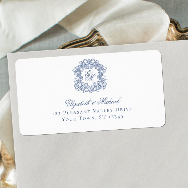 Elegant Blue Monogram Crest Wedding Address Label (Creator Uploaded)