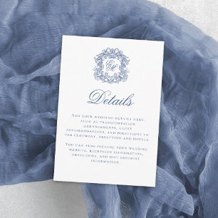 Elegant Blue Monogram Crest Wedding Details Enclosure Card