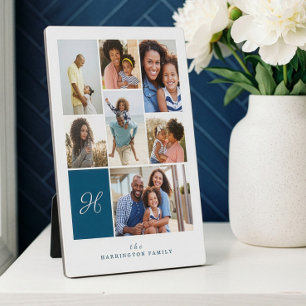 Elegant Blue Monogram Family Photo Collage Grid Plaque