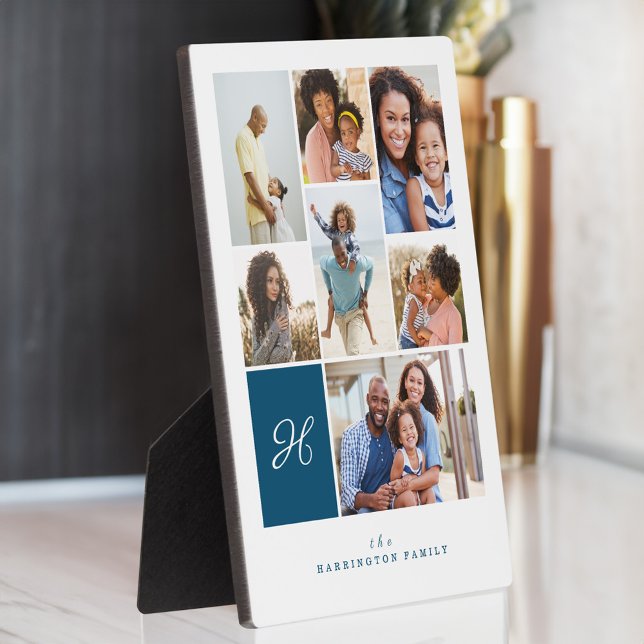 Elegant Blue Monogram Family Photo Collage Grid Plaque (Elegant Blue Monogram Family Photo Collage Grid Plaque)