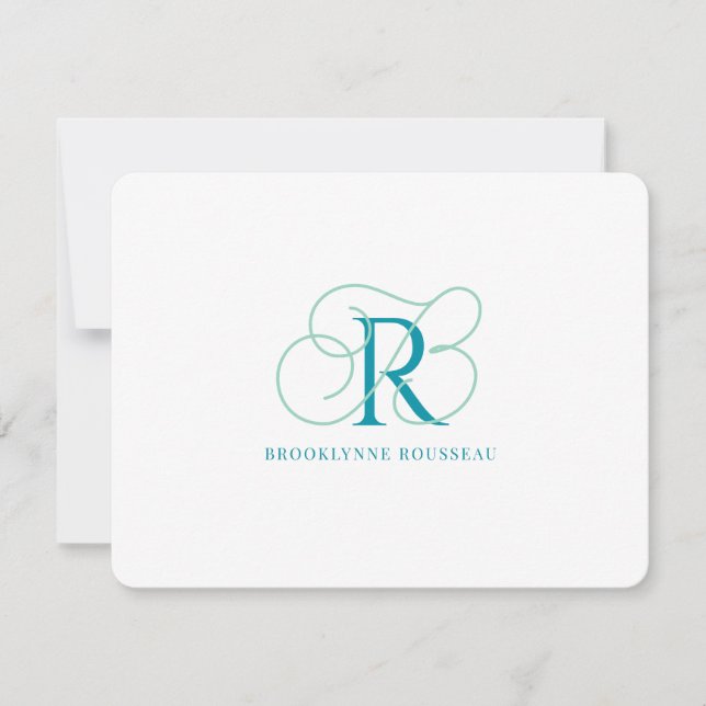 Elegant Blue Monogram Flat Note Card (Front)