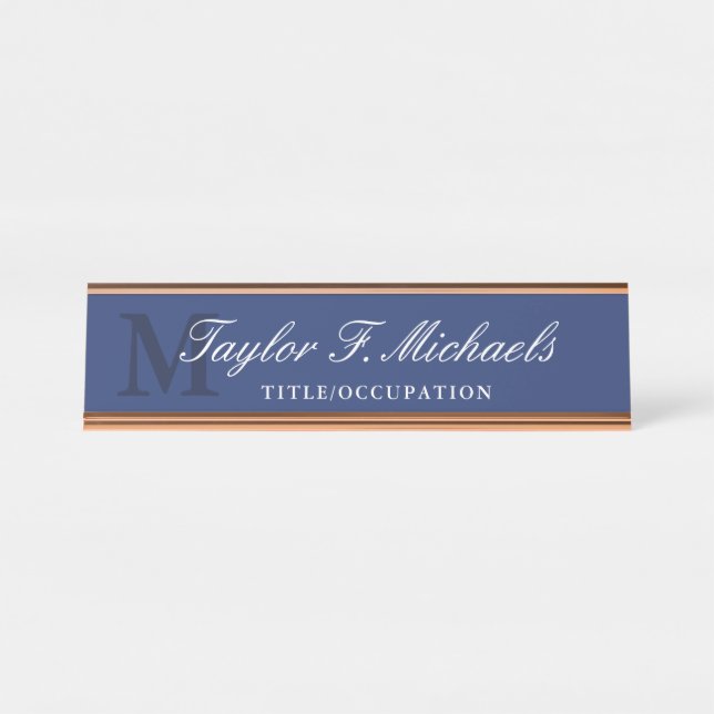 Elegant Blue Monogram & Name Desk Name Plate (Front)