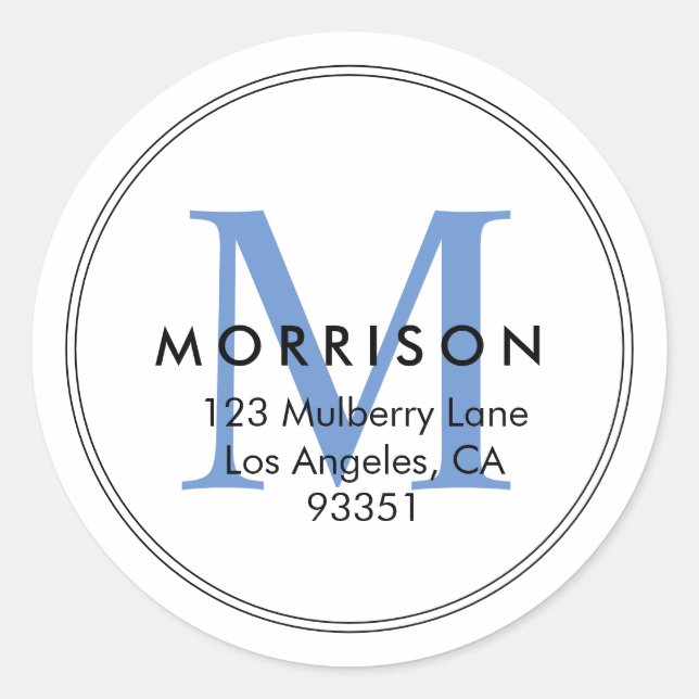 Elegant Blue Monogram Return Address Classic Round Sticker (Front)