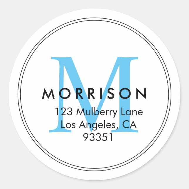 Elegant Blue Monogram Return Address Classic Round Sticker (Front)