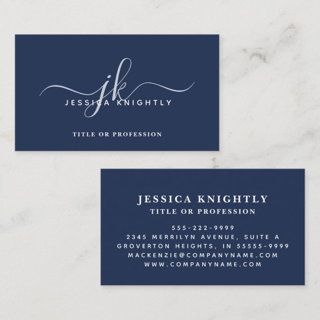 Elegant Blue Monogram Script Initials Business Card (Front/Back)