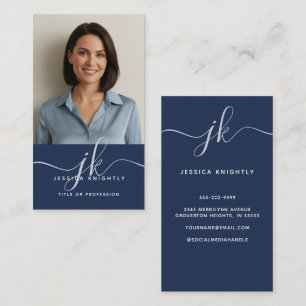 Elegant Blue Monogram Script Initials Photo Business Card
