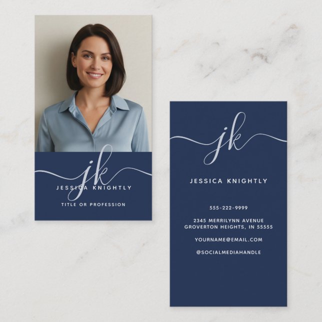 Elegant Blue Monogram Script Initials Photo Business Card (Front/Back)