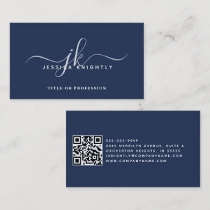 Elegant Blue Monogram Script Initials QR Code Business Card