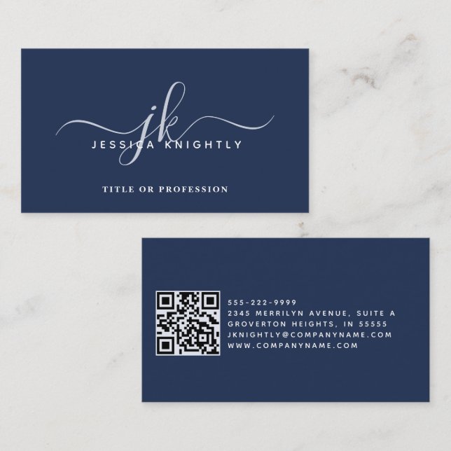 Elegant Blue Monogram Script Initials QR Code Business Card (Front/Back)