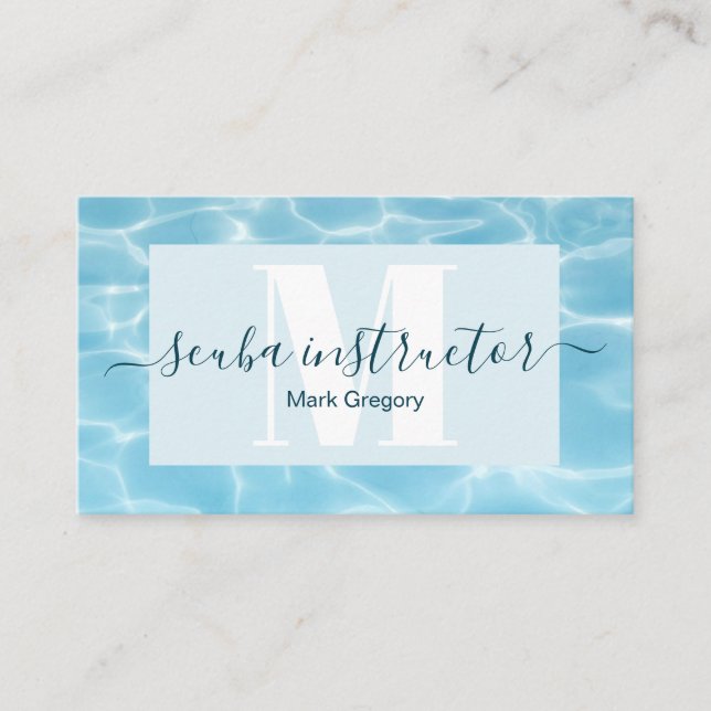 Elegant Blue Monogram Scuba Diving Instructor  Business Card (Front)