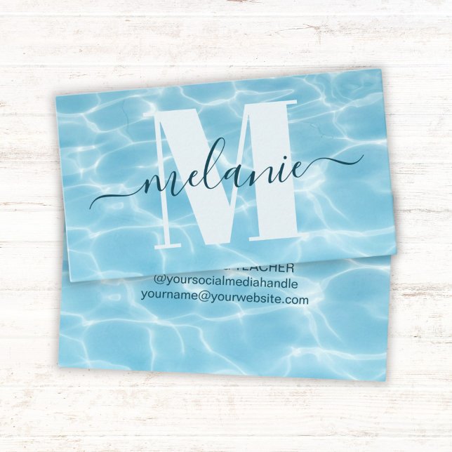 Elegant Blue Monogram Swimming Teacher Coach Business Card (Creator Uploaded)