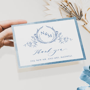 Elegant Blue Monogram, Watercolor Wedding Thank Yo Thank You Card