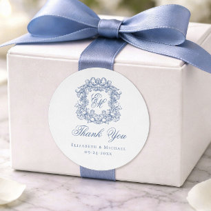 Elegant Blue Monogram Wedding Crest Thank You Classic Round Sticker