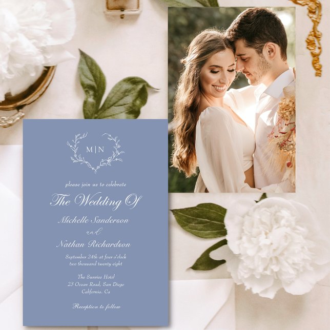  Elegant Blue Monogram Wedding Photo Invitation (Creator Uploaded)