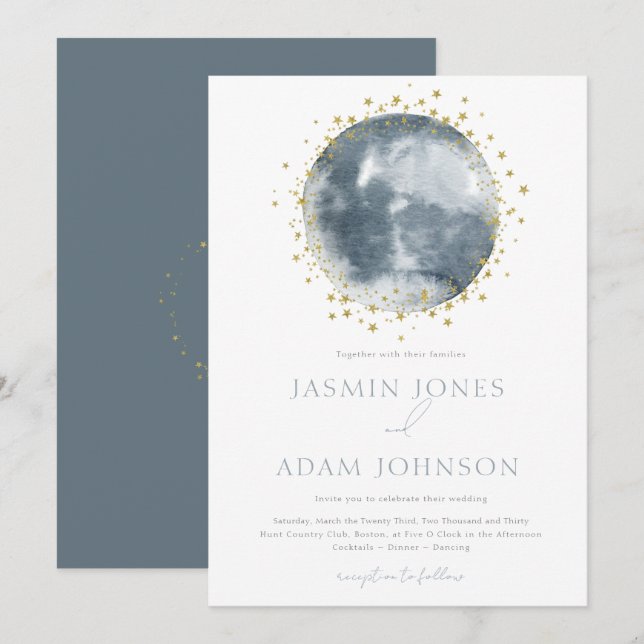 Elegant Blue Moon Celestial Wedding Invitation (Front/Back)