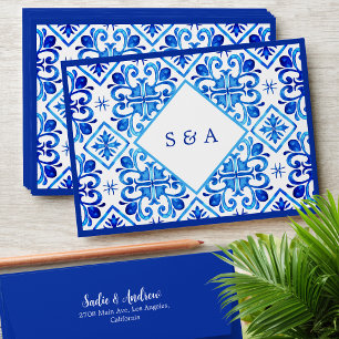 Elegant Blue Moroccan Pattern Initials Wedding Envelope