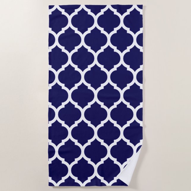 Elegant Blue Moroccan Quatrefoil Pattern Beach Towel (Front)