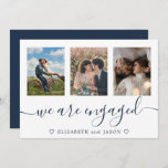 Elegant blue multiphoto Engaged announcement<br><div class="desc">Elegant Blue Engagement announcement card featuring 3 of your photos,  with Engagement Party invitation on back. Easy to personalise.</div>