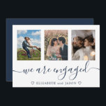 Elegant blue multiphoto Engaged announcement<br><div class="desc">Elegant Blue Engagement announcement card featuring 3 of your photos,  with Engagement Party invitation on back. Easy to personalise.</div>