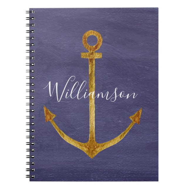 Elegant Blue Nautical Gold Anchor Boat Yacht Notebook (Front)