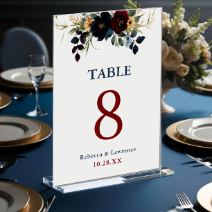 Elegant blue navy burgundy floral wedding table number