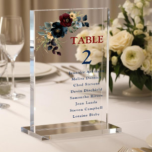 Elegant blue navy burgundy flowers wedding seating acrylic sign
