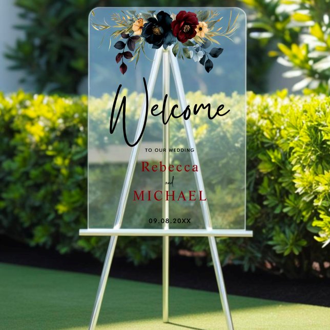 Elegant blue navy burgundy flowers welcome wedding acrylic sign (Creator Uploaded)
