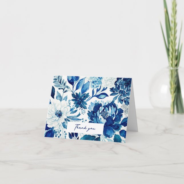 Elegant blue navy floral botanical garden birthday thank you card (Front)
