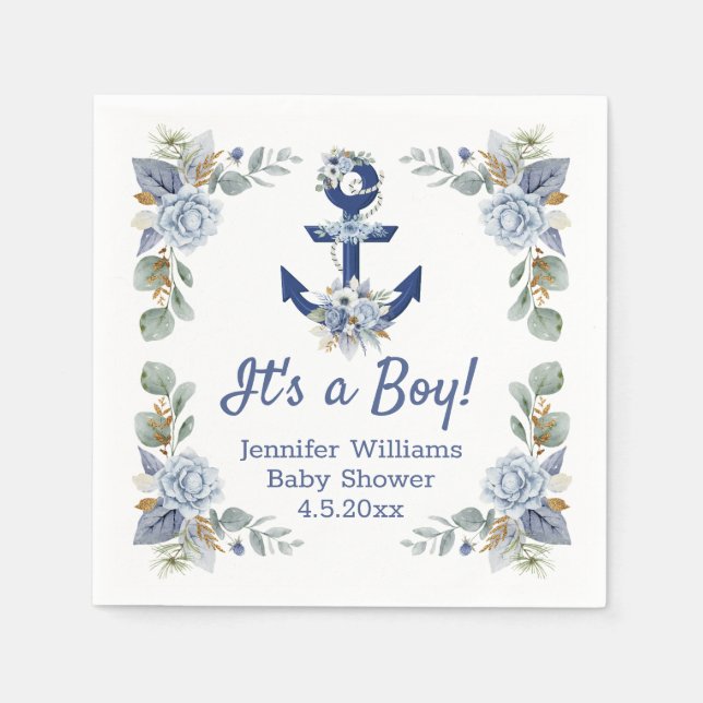 elegant blue navy floral nautical boy baby shower  napkin (Front)