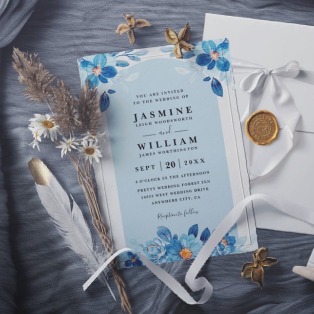 Elegant Blue Navy Floral QR Code Wedding Invitation (Creator Uploaded)